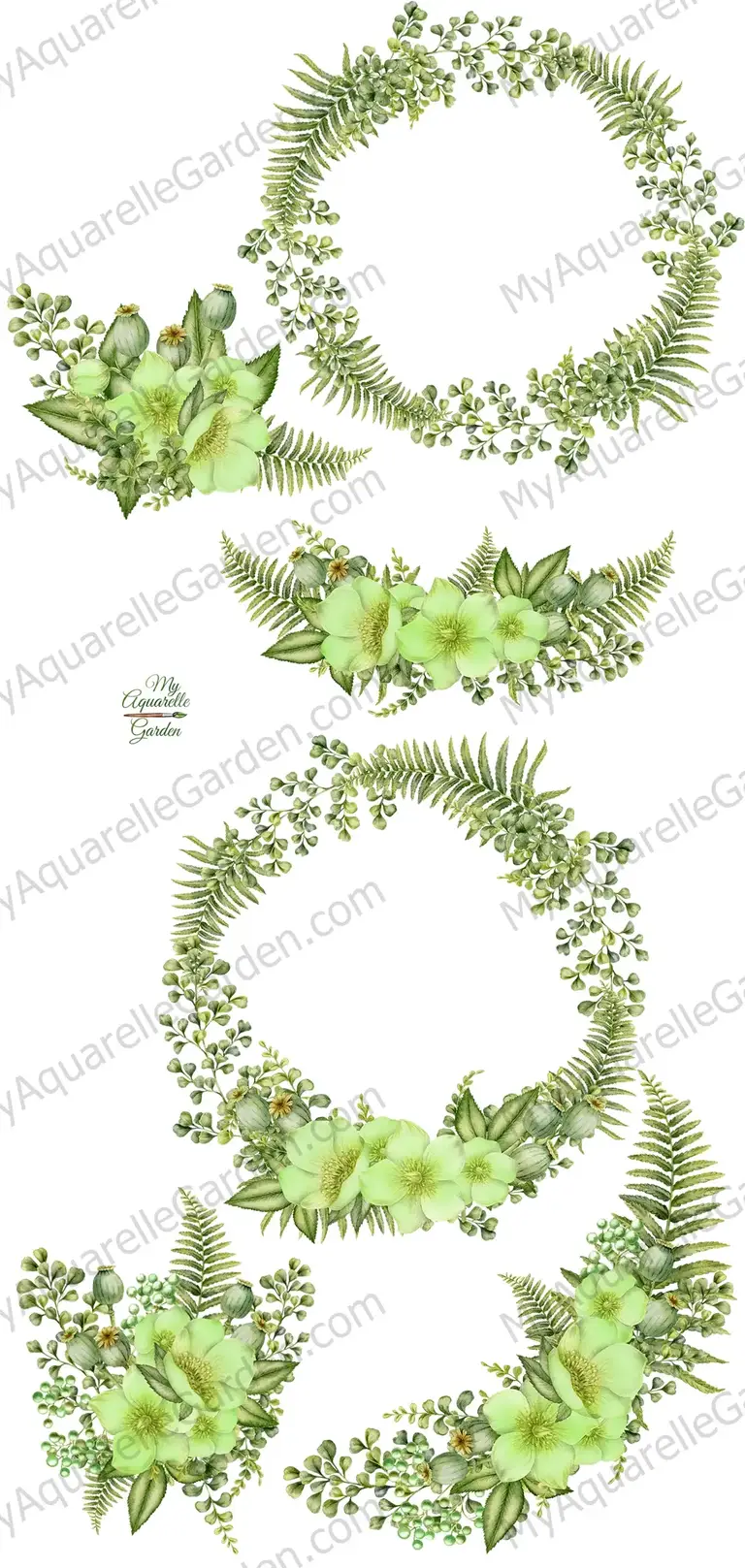 Greenery wreaths. Watercolor hand-painted illustrations by MyAquarelleGarden.