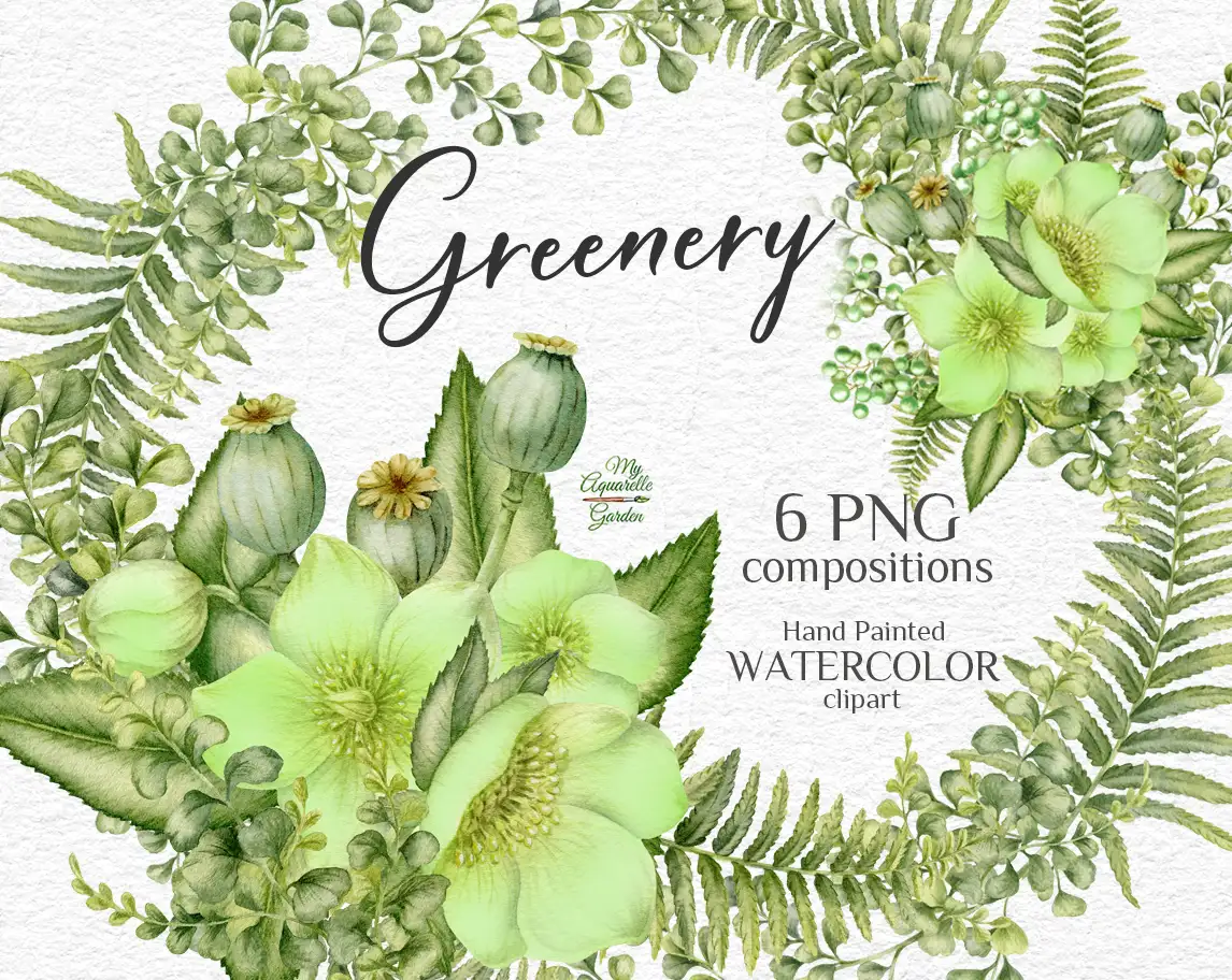 Greenery wreaths. Watercolor hand-painted illustrations by MyAquarelleGarden.