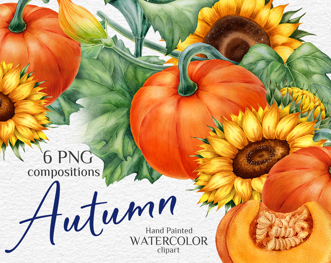 Autumn pumpkins compositions. Watercolor hand-painted clipart.