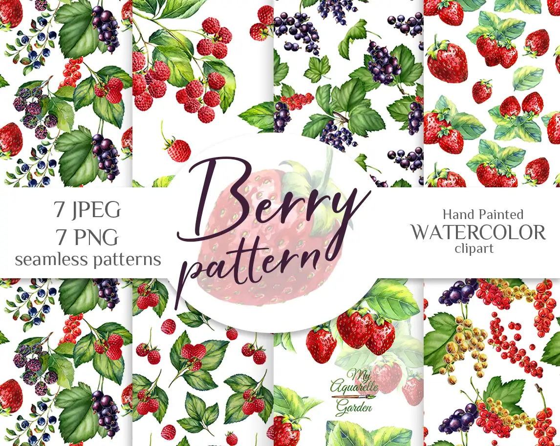 Berries seamless patterns / digital papers. Watercolor hand-painted clip art by MyAquarelleGarden.