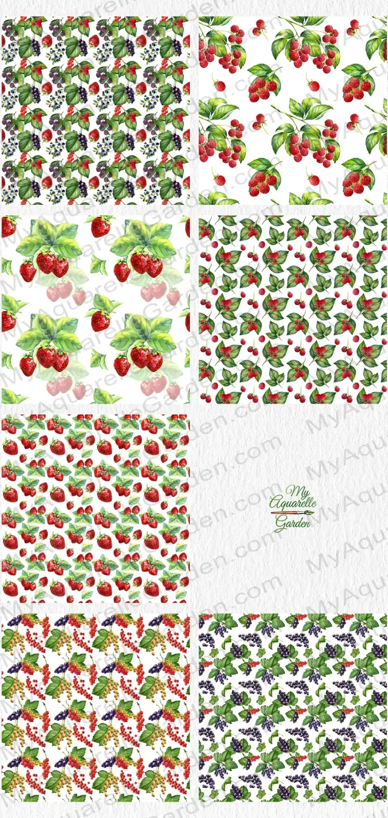 Berires seamless patterns. Watercolor hand-painted clipart by MyAqurelleGarden.com