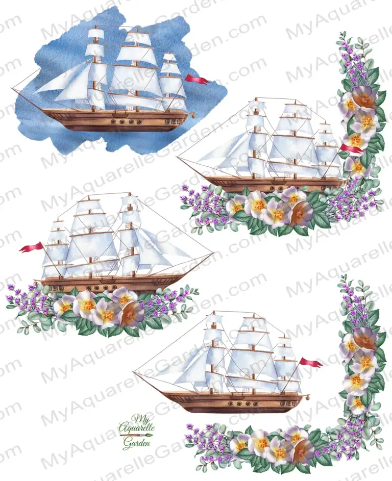  Nautical compositions with sailboats and flower garlands. Watercolor hand-painted illustrations by MyAquarelleGarden