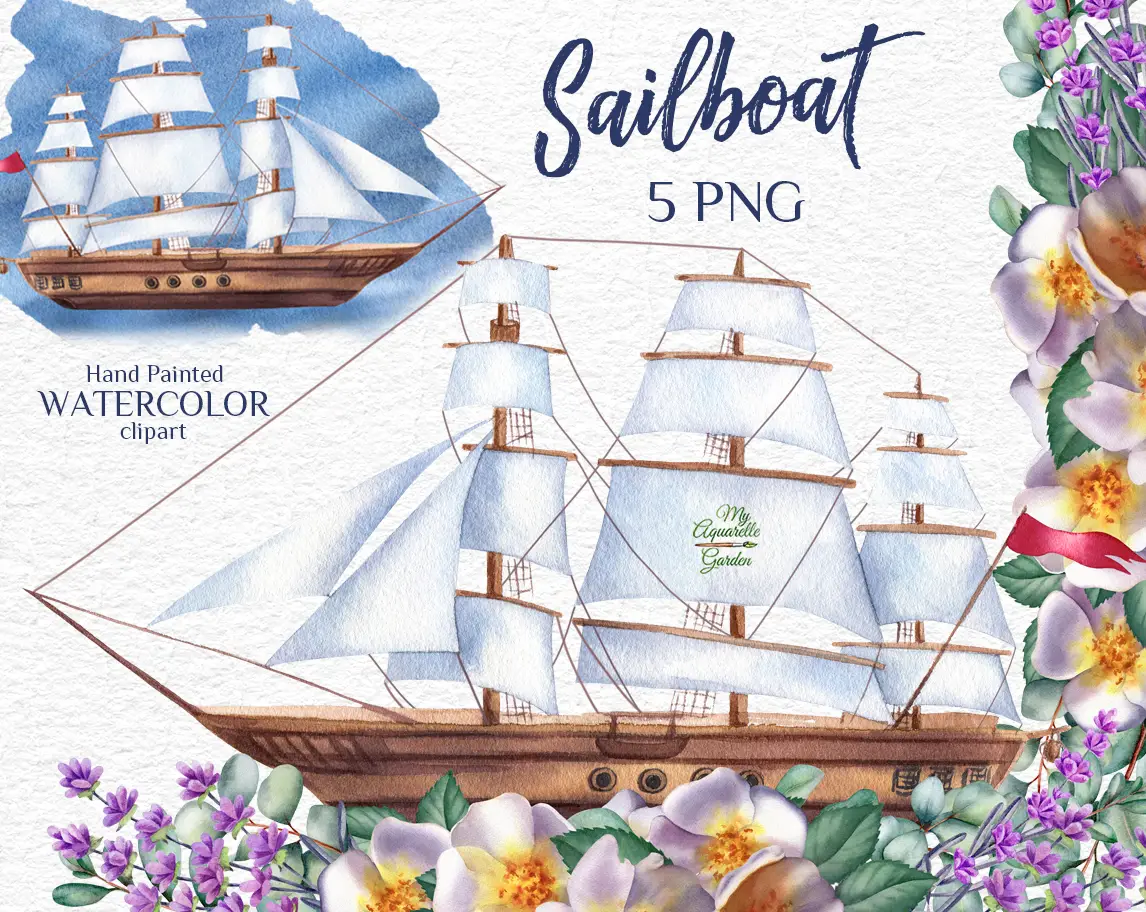 Nautical compositions with sailboats and flower garlands. Watercolor hand-painted clip art. Cover
