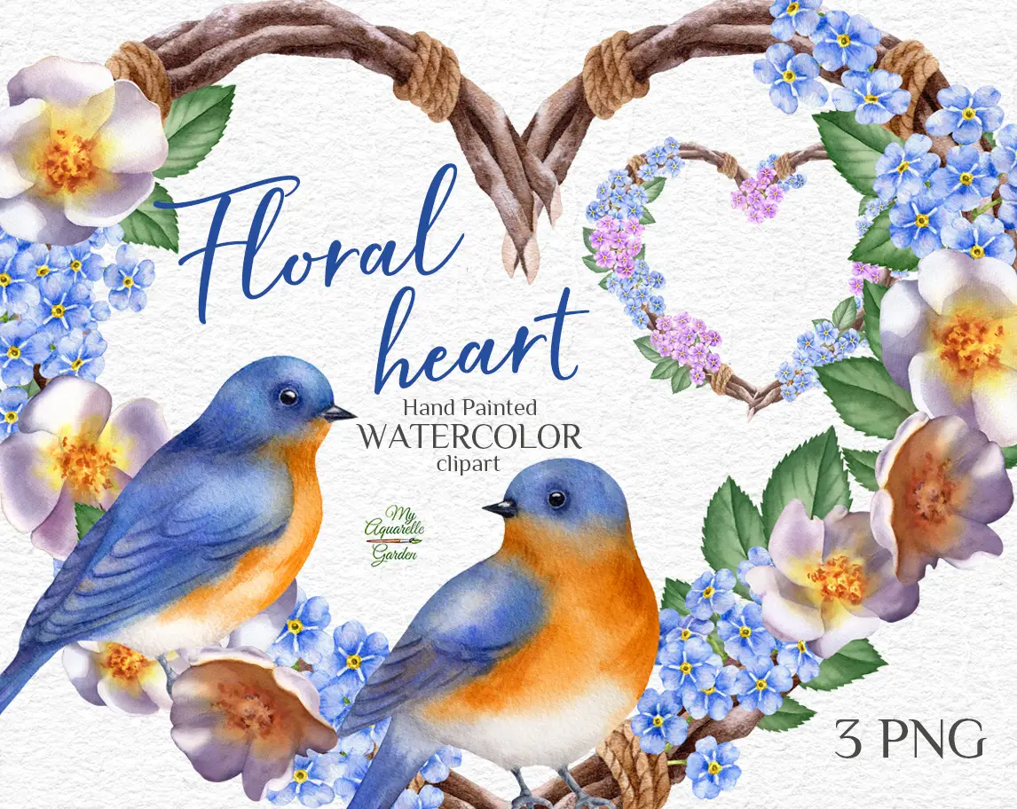 Boho heart-shaping wreaths with bluebirds, forget-me-not and white rosehip flowers. Watercolor hand-painted clip art by MyAquarelleGarden. Cover.