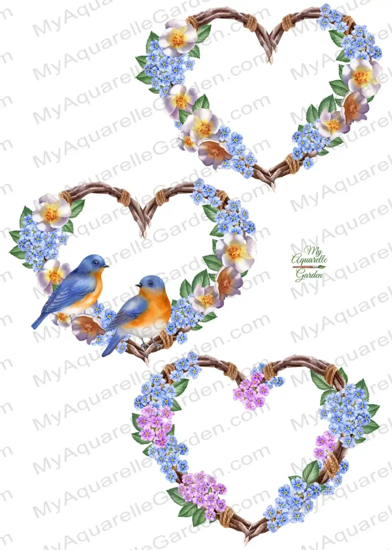 Boho heart-shaping wreaths with bluebirds, forget-me-not and white rosehip flowers. 