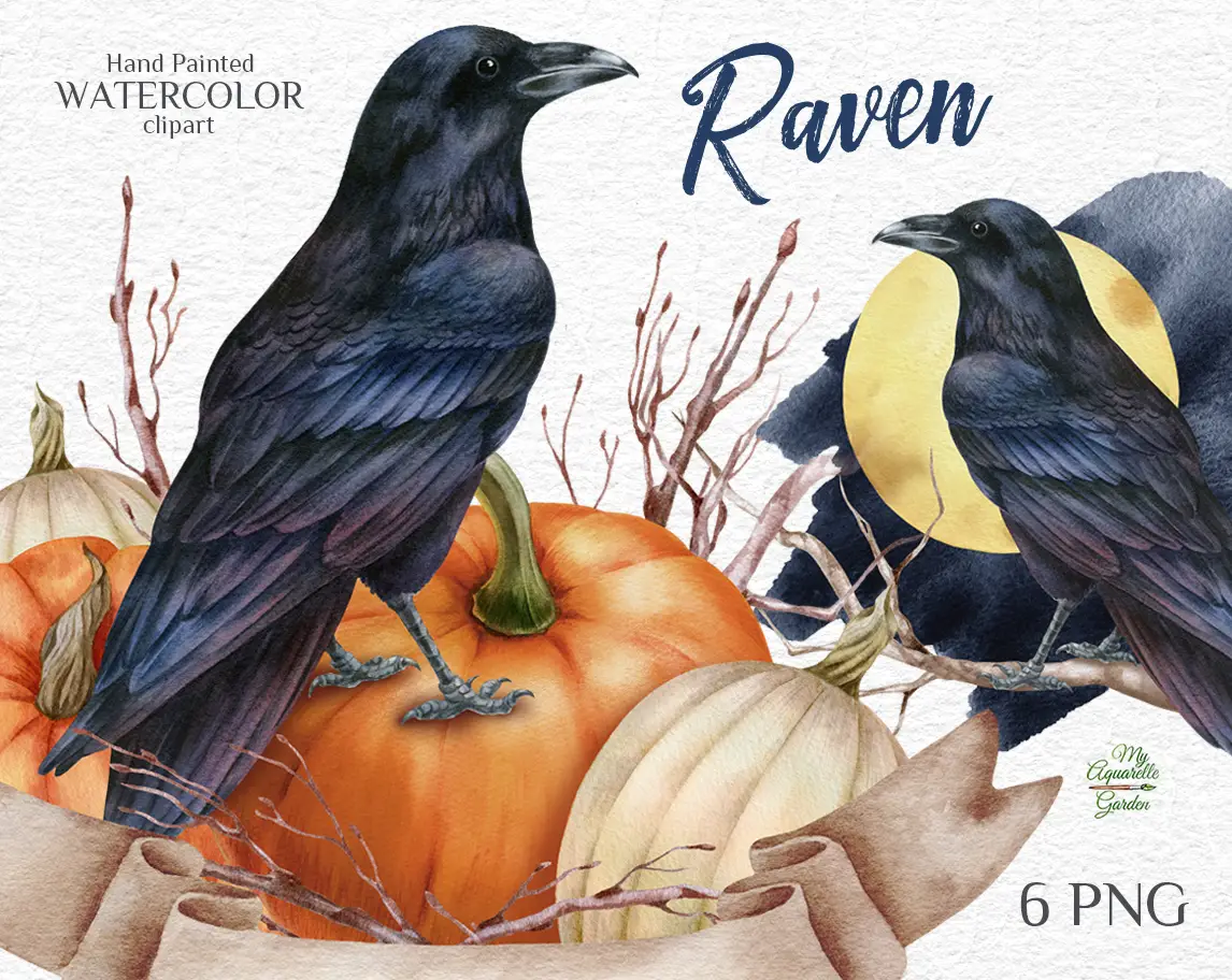 Raven, pumpkins, moon, dried floral wreath. Watercolor clipart. Cover.