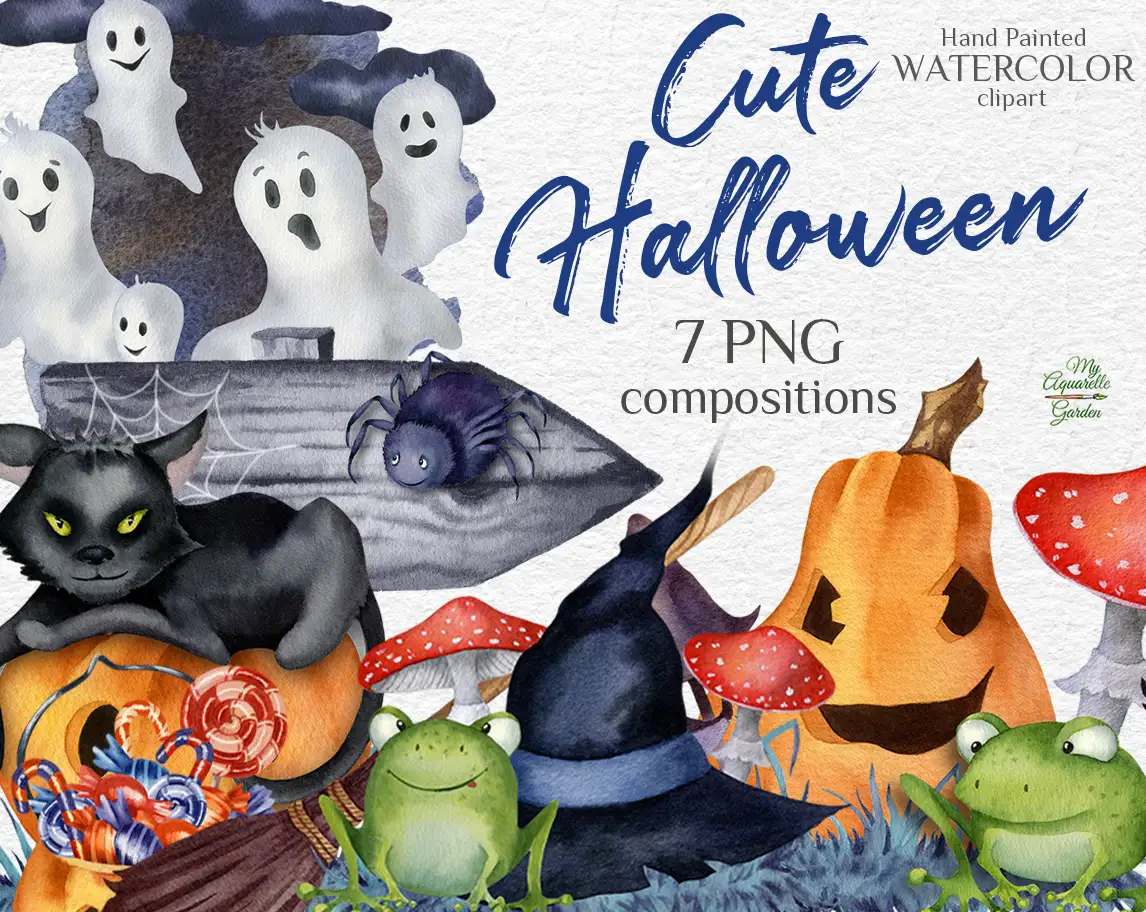 Cute Halloween. Watercolor hand-painted clipart by MyAquarelleGarden.