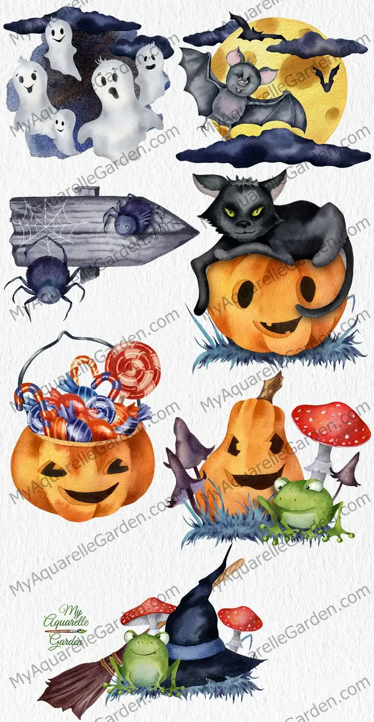 Cute Halloween. Watercolor hand-painted clipart.