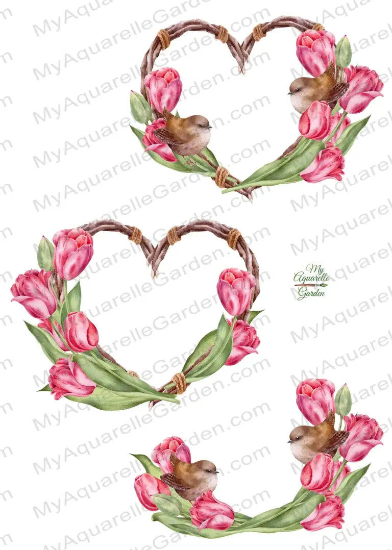 Heart-shaped wreaths with tulips and birds in boho style. Watercolor hand-painted clipart.