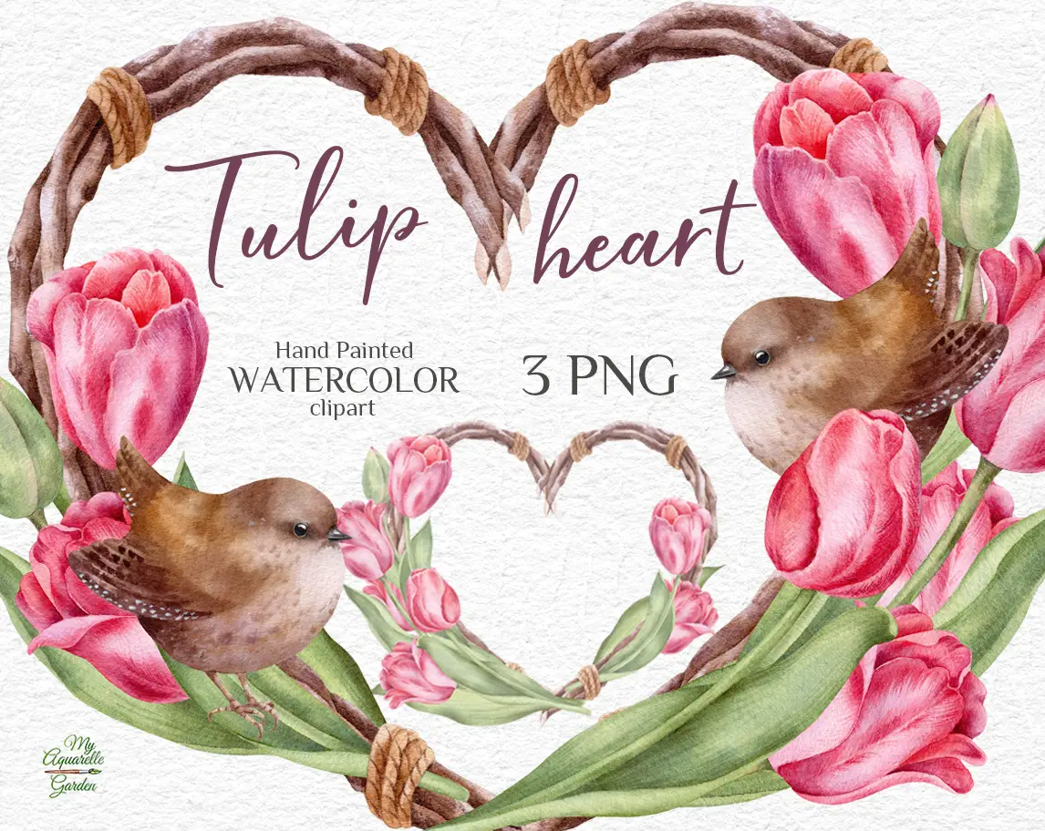 Heart-shaped wreaths with tulips and birds. Boho style. Watercolor hand-painted clip art by MyAquarelleGarden. Cover.