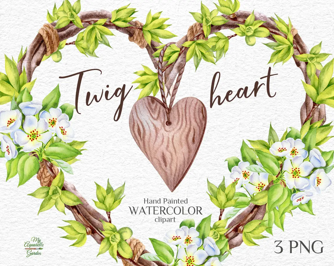 Boho style heart-shaped wreaths with wooden hearts, white flowers, leaves. Watercolor hand-painted clipart.