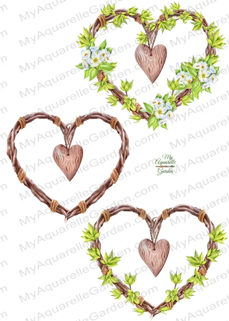 Boho style heart-shaped wreaths with wooden hearts, white flowers, leaves. Watercolor hand-painted clipart by MyAquarelleGarden.