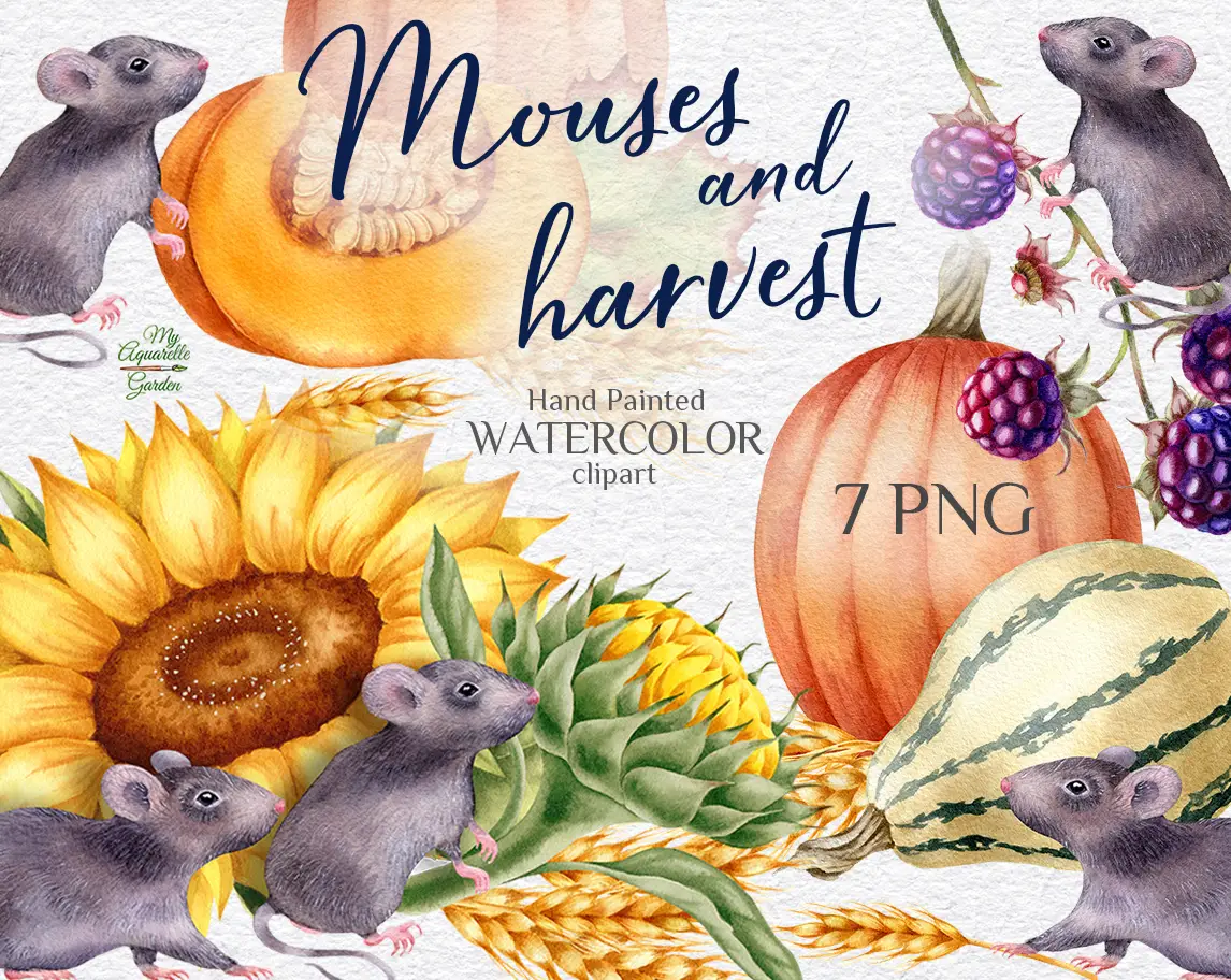  Fall mood & harvesting time. Compositions with mouse, pumpkins, leaves, sunflowers, chestnuts, spikelets. Watercolor-hand-painted clip art by MyAquarelleGarden