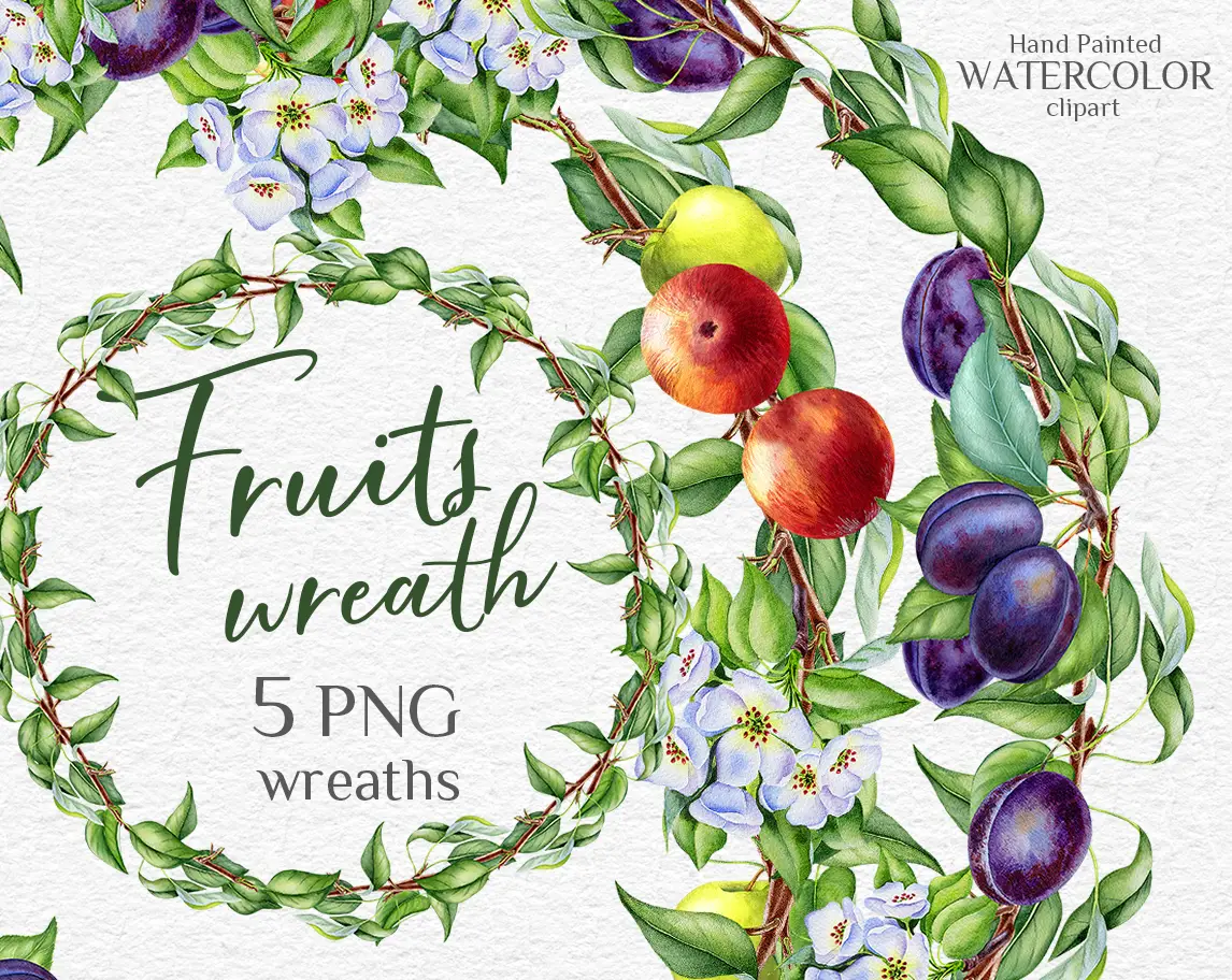 Fruits wreaths with lemons, apples, pears, plums, leaves and flowers. Watercolor hand-painted clip art by MyAquarelleGarden. Cover.