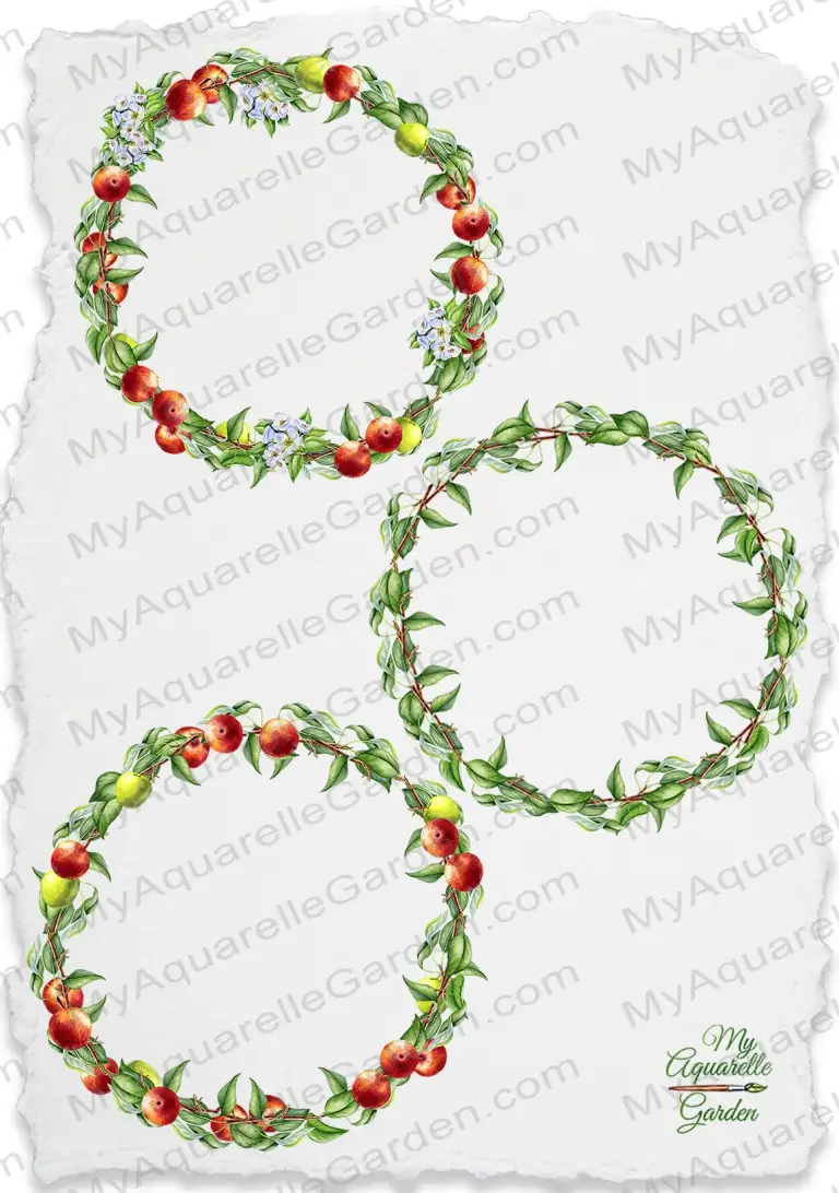  Fruits wreaths with lemons, apples, pears, plums, leaves and flowers. Watercolor hand-painted clipart.