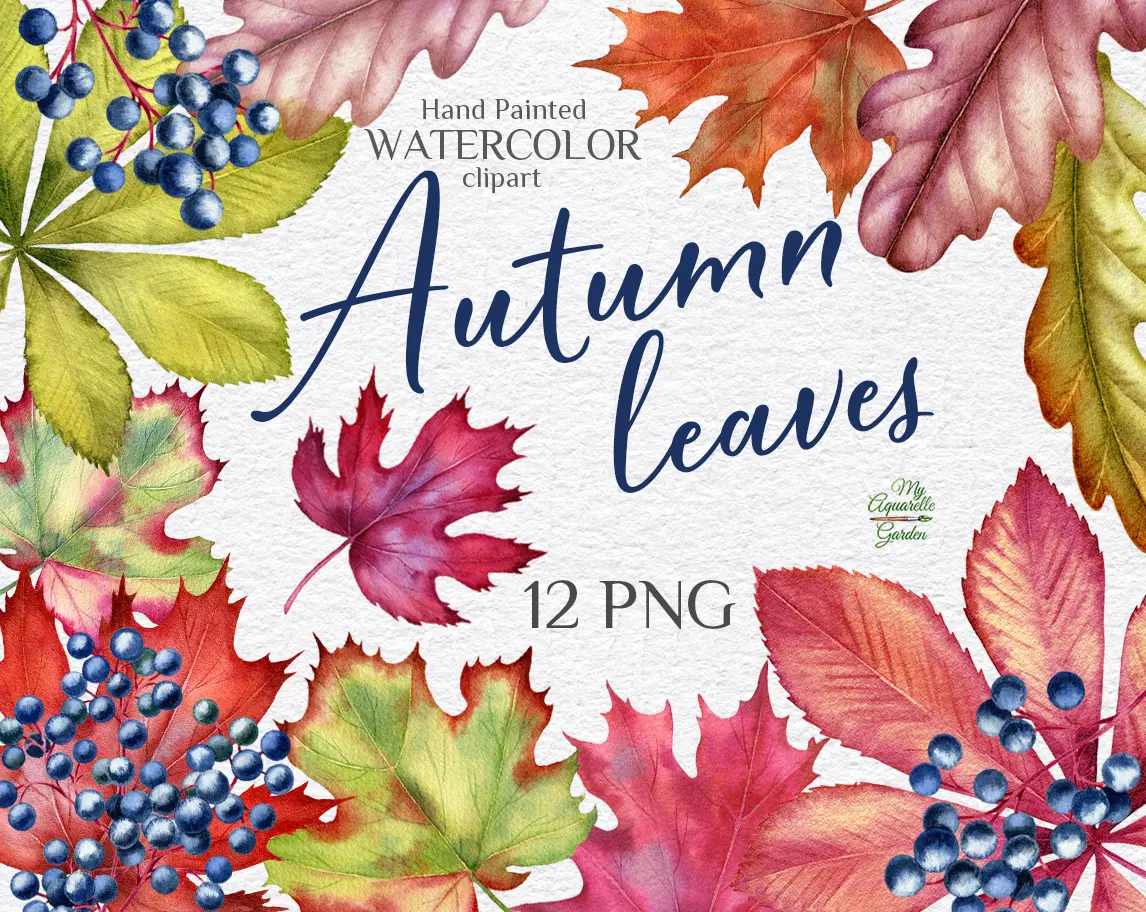 Autumn leaves. Fall theme. Watercolor hand-painted clip art by MyAquarelleGarden. Cover.