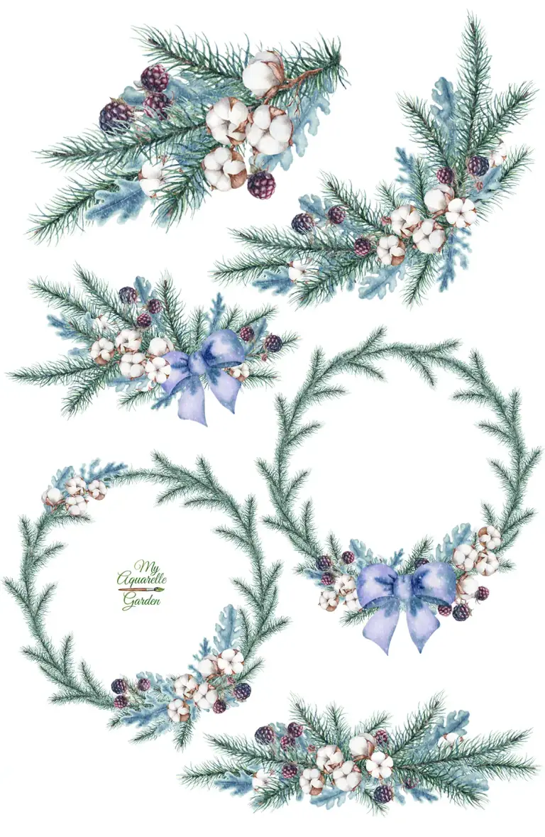  Winter wreaths and garlands. Watercolor hand-painted clipart.