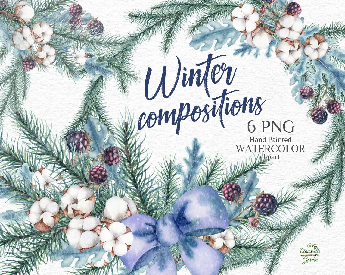  Winter wreaths and garlands. Watercolor hand-painted clipart by MyAquarelleGarden.com