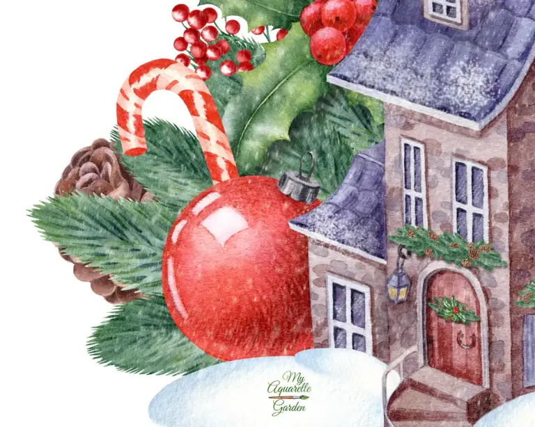Winter house. Fir and ilex twigs, lollipos, Christmas tree balls. Watercolor hand-painted clipart.