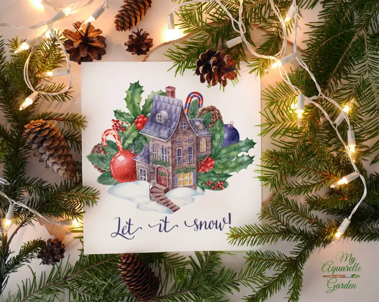 Winter house. Fir and ilex twigs, lollipos, Christmas tree balls. Watercolor hand-painted clipart.