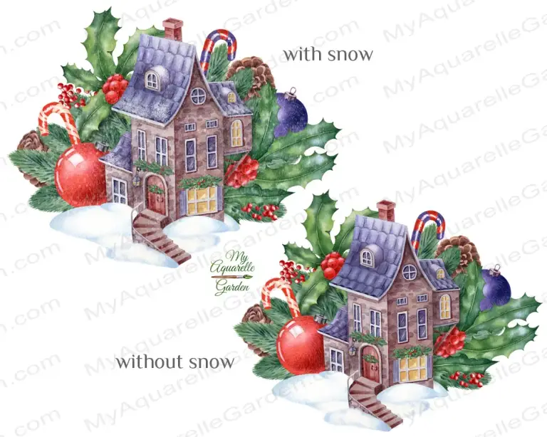 Winter house. Fir and ilex twigs, lollipos, Christmas tree balls. Watercolor hand-painted clipart.