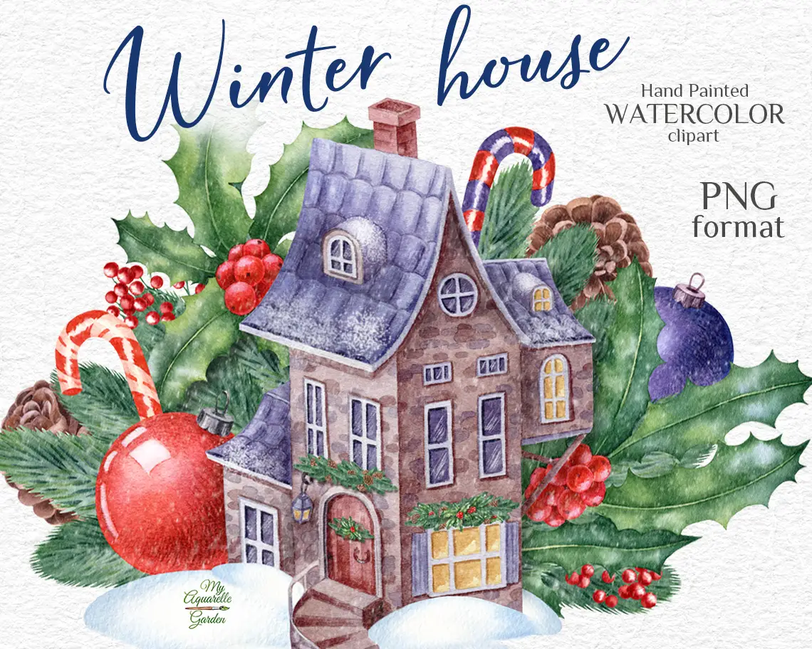 Winter house. Fir and ilex twigs, lollipos, Christmas tree balls. Watercolor hand-painted clipart by MyAquarelleGarden.com