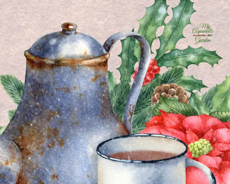 Winter compositions with vintage teapot, iron mug with hot chocolate, Ilex and fir twigs, cones, red flowers. Watercolor hand-painted clipart.