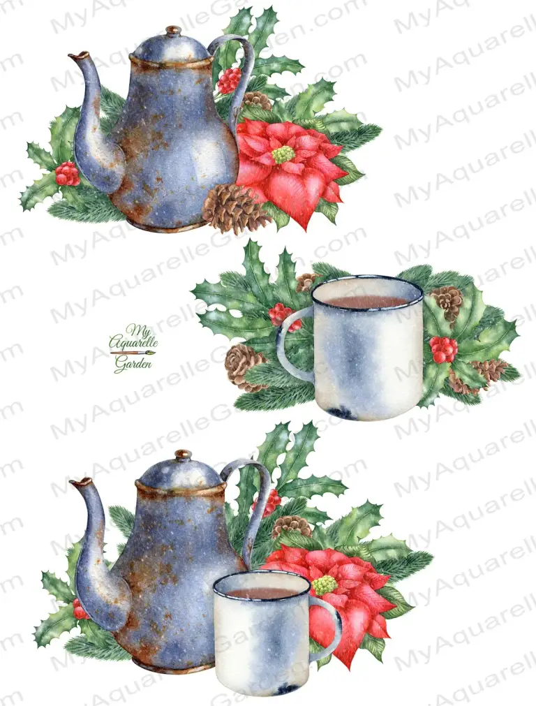 Winter compositions with vintage teapot, iron mug with hot chocolate, Ilex and fir twigs, cones, red flowers. Watercolor hand-painted clipart.