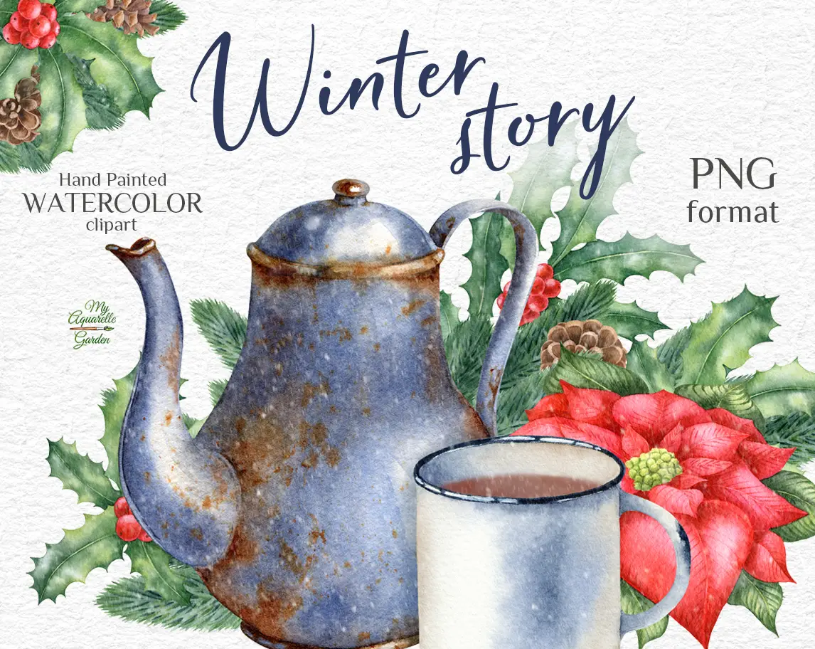 Winter compositions with vintage teapot, iron mug with hot chocolate, Ilex and fir twigs, cones, red flowers. Watercolor hand-painted clipart by MyAquarelleGarden.com