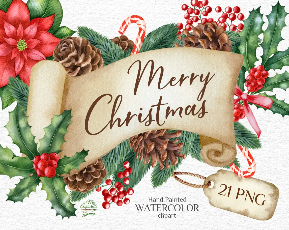 Christmas decoration elements: Ilex/holly twigs, fir branches, pine cones, bows, paper tags & labels, punchettia flowers, berries. Watercolor hand-painted clipart by MyAquarelleGarden.com