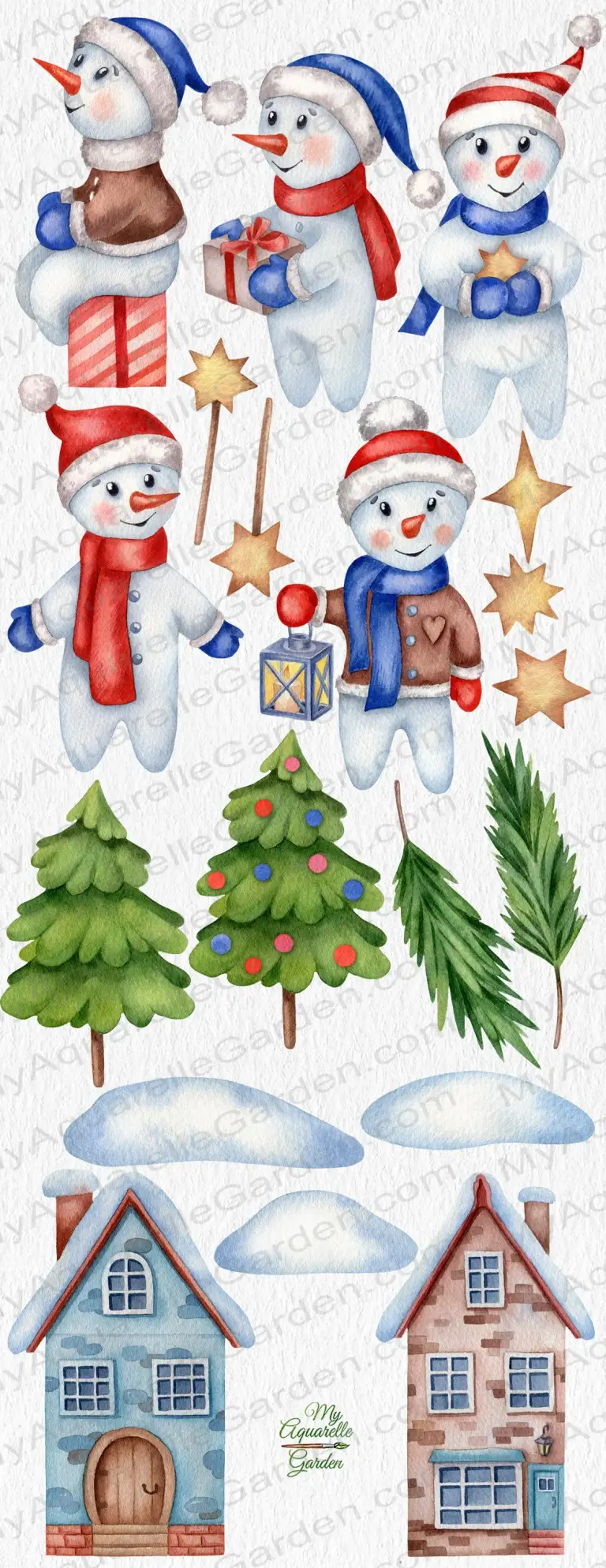 Snowmen. Cute cartoon. Christmas tree toys. Fir branches, gold stars, winter toy houses. Watercolor hand-painted clipart.