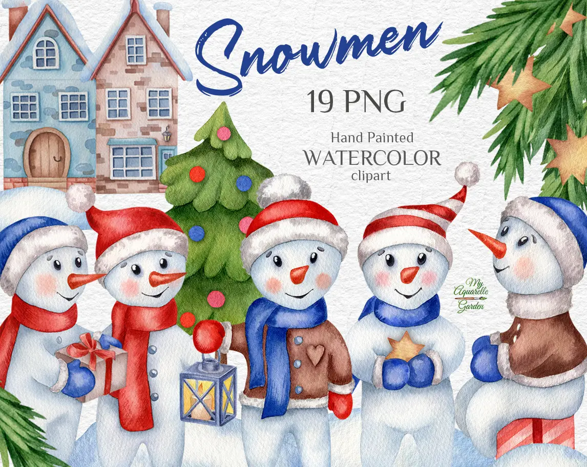 Christmas decoration elements: Snowmen. Cute cartoon. Christmas tree toys. Fir branches, gold stars, winter toy houses. Watercolor hand-painted clipart by MyAquarelleGarden.com