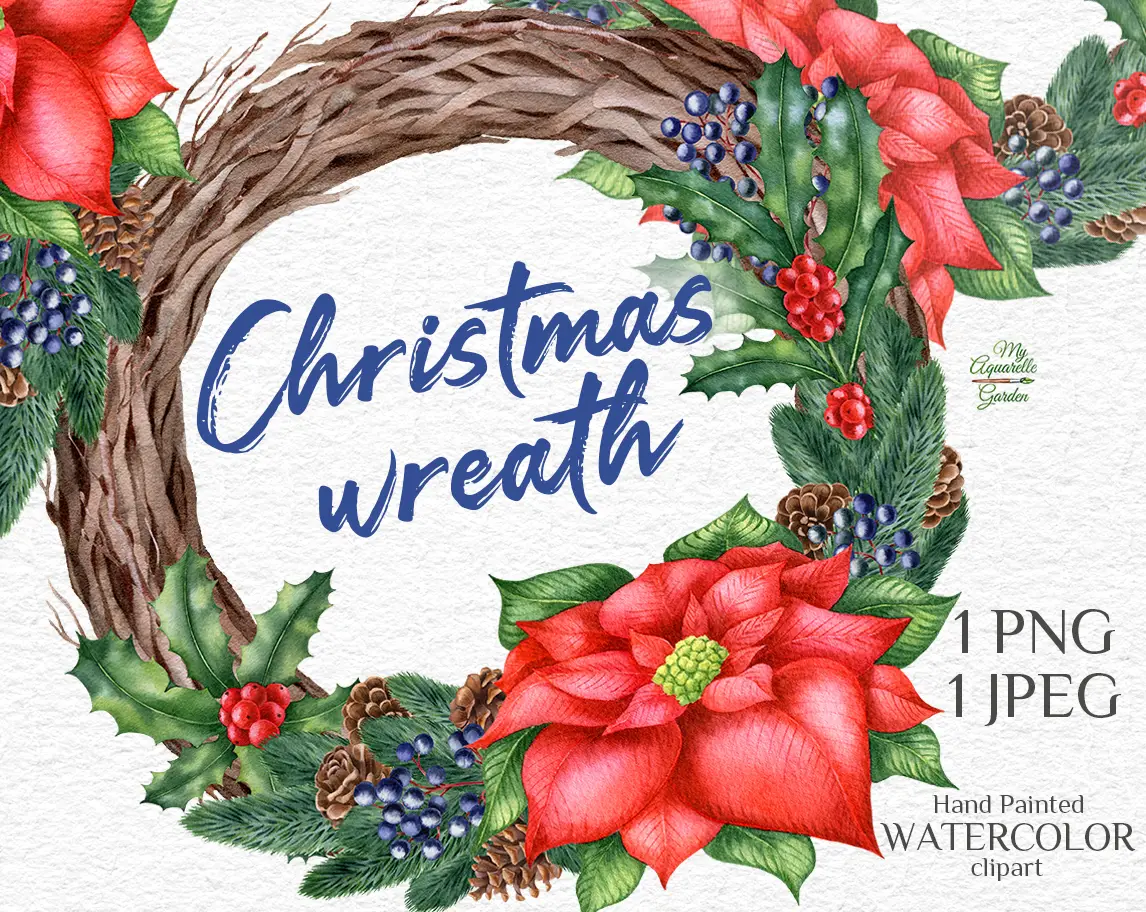 Christmas wreaths with dry twigs, fir branches, ilex / holly, poinsettia flowers. Watercolor hand-painted clipart by MyAquarelleGarden.com