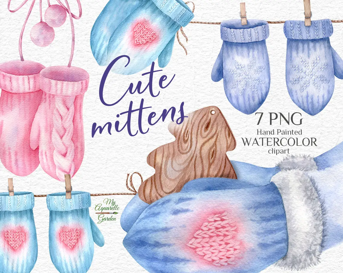 Soft blue and soft pink knitted woolen mittens with hearts and pompoms. Watercolor hand-painted clipart by MyAquarelleGarden.com