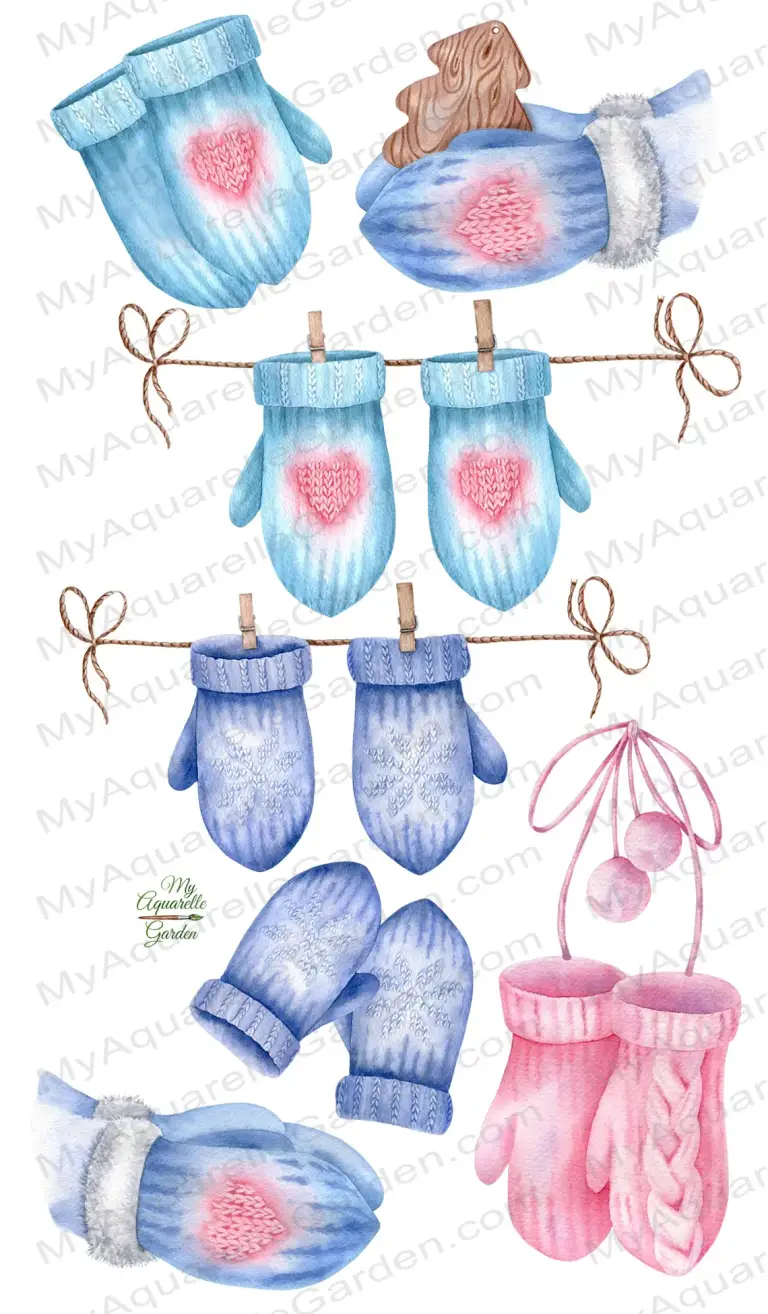 Soft blue and soft pink knitted woolen mittens with hearts and pompoms. Watercolor hand-painted clipart.