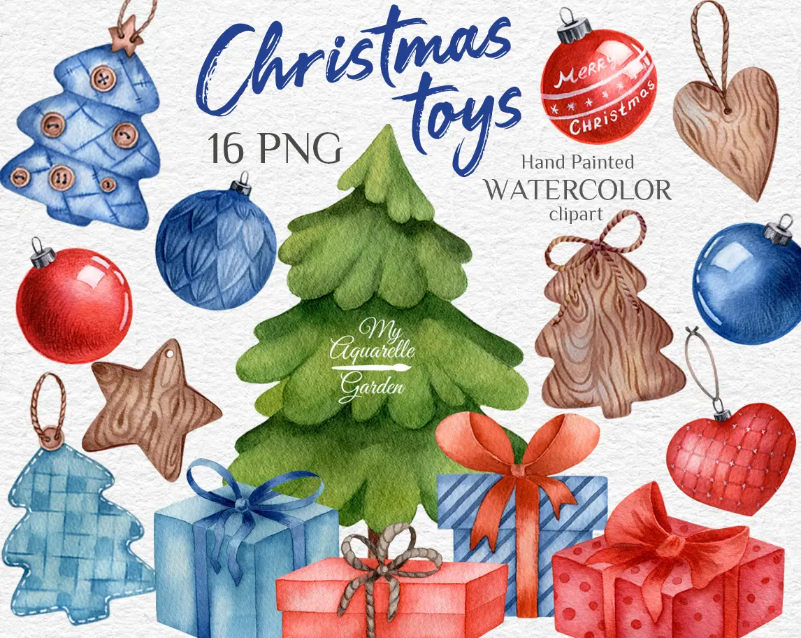 Christmas tree toys: firs, wooden star and heart, colored glass christmas balls, christmas gift boxes. Watercolor hand-painted clipart by MyAquarelleGarden.com