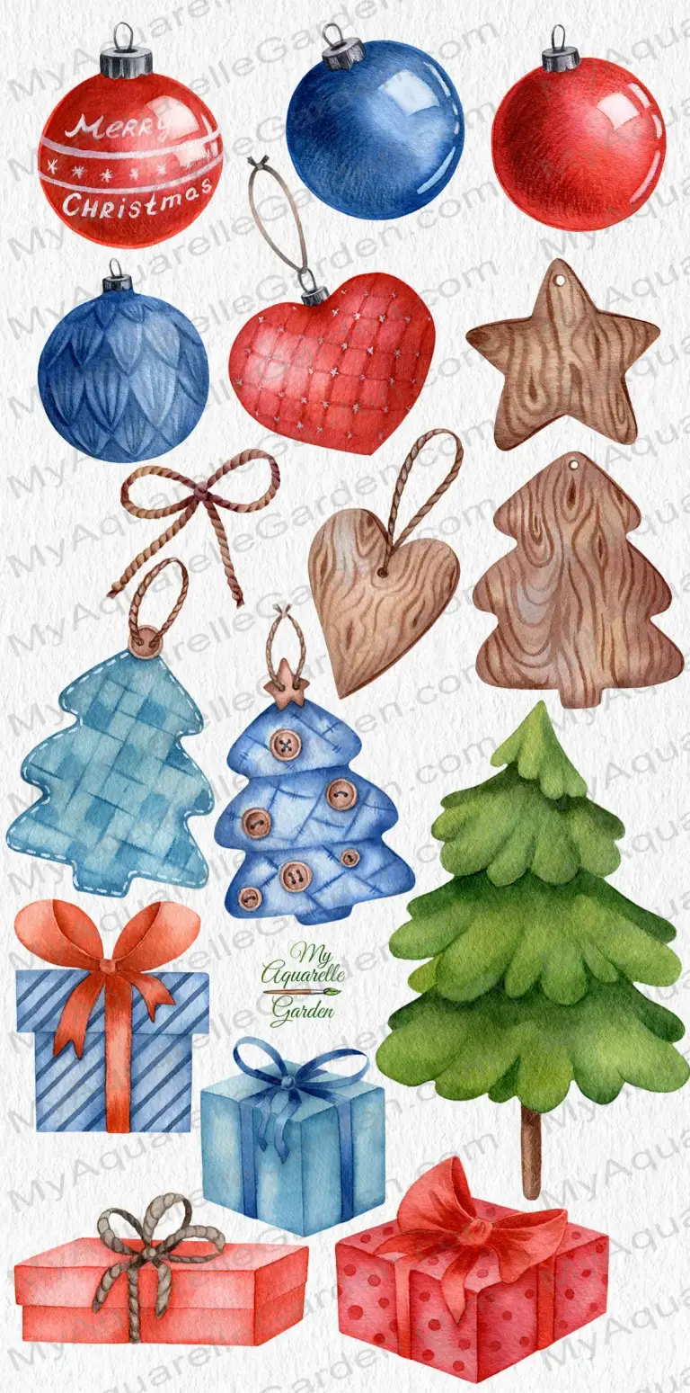 Christmas tree toys: firs, wooden star and heart, colored glass christmas balls, christmas gift boxes. Watercolor hand-painted clipart.