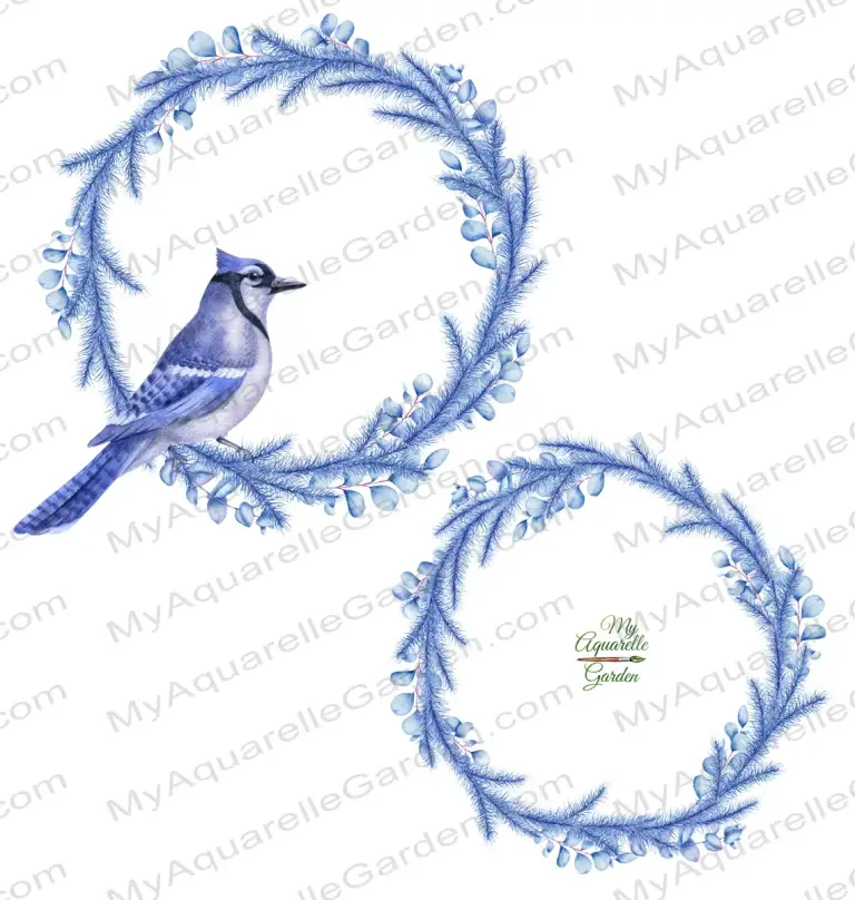 Blue Christmas: Christmas wreaths with blue jay. Watercolor hand-painted clipart.