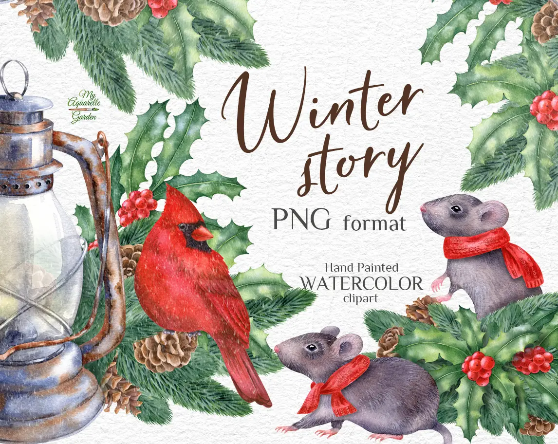 Christmas decoration. Red cardinal, cute mouse in red scarf, fir branches, pine cones, illex holly twigs, old vintage kerosene lamp. Watercolor hand-painted clipart by MyAquarelleGarden.com