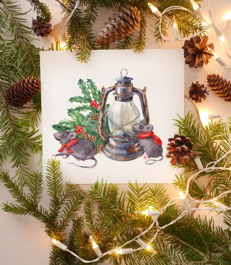 Cute mouse in red scarf, fir branches, pine cones, illex holly twigs, old vintage kerosene lamp. Watercolor hand-painted clipart.
