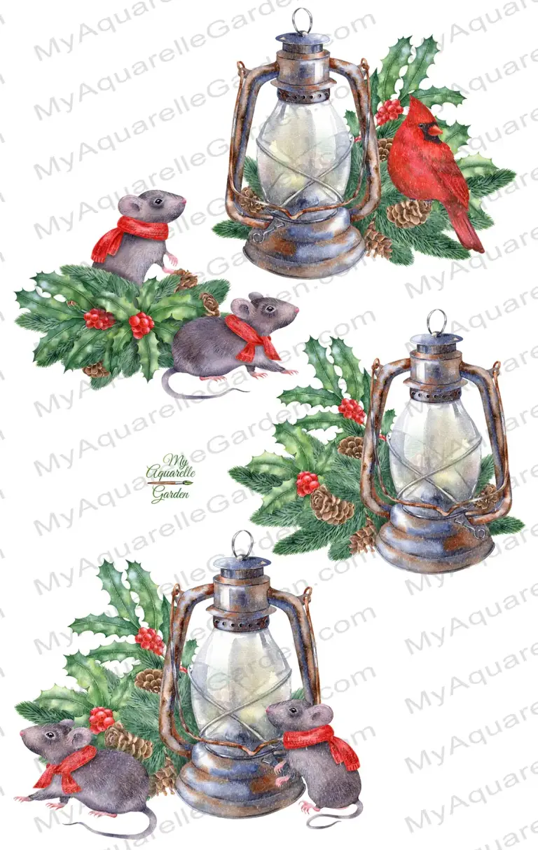 Red cardinal, cute mouse in red scarf, fir branches, pine cones, illex holly twigs, old vintage kerosene lamp. Watercolor hand-painted clipart.