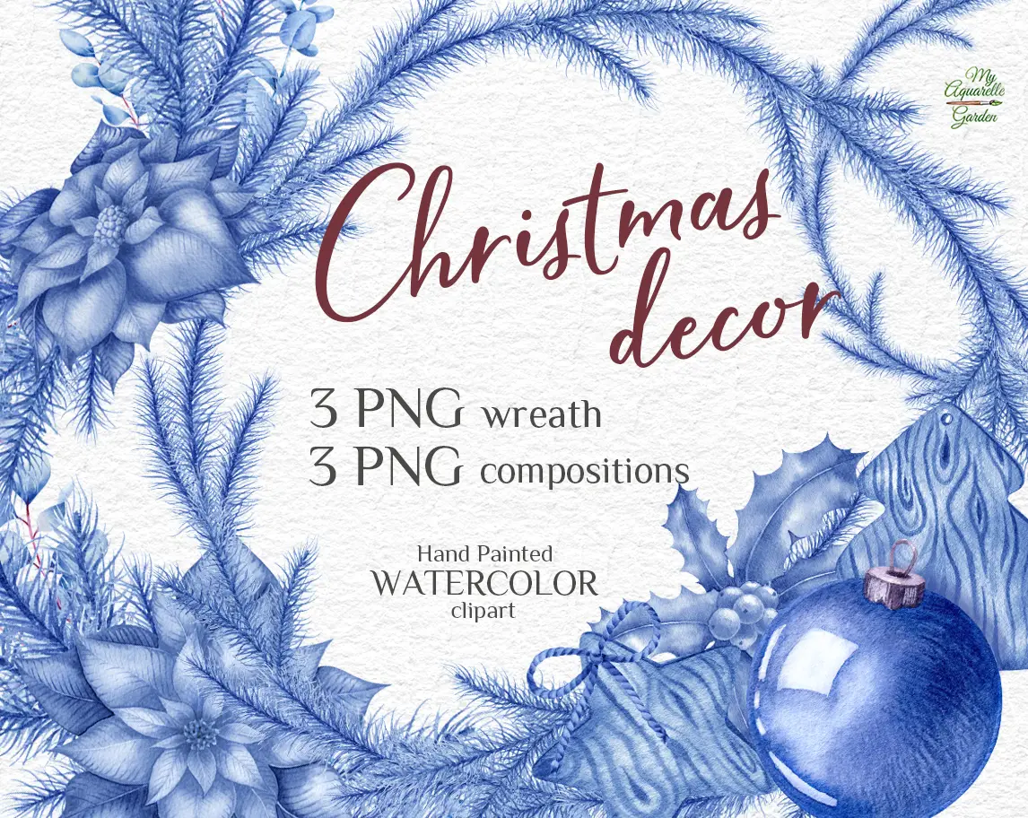 Blue Christmas. Wreaths and garlands. Fir twigs, illex holly, glass Christmas balls, poinsettia flowers. Winter New Year decoration in silver colors. Watercolor hand-painted clipart by MyAquarelleGarden.com