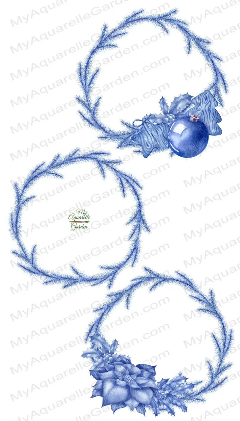 Blue Christmas. Wreaths and garlands. Fir twigs, illex holly, glass Christmas balls, poinsettia flowers. Winter New Year decoration in silver colors. Watercolor hand-painted clipart.