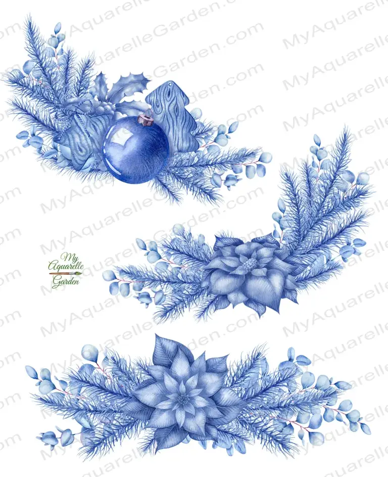 Blue Christmas. Wreaths and garlands. Fir twigs, illex holly, glass Christmas balls, poinsettia flowers. Winter New Year decoration in silver colors. Watercolor hand-painted clipart.