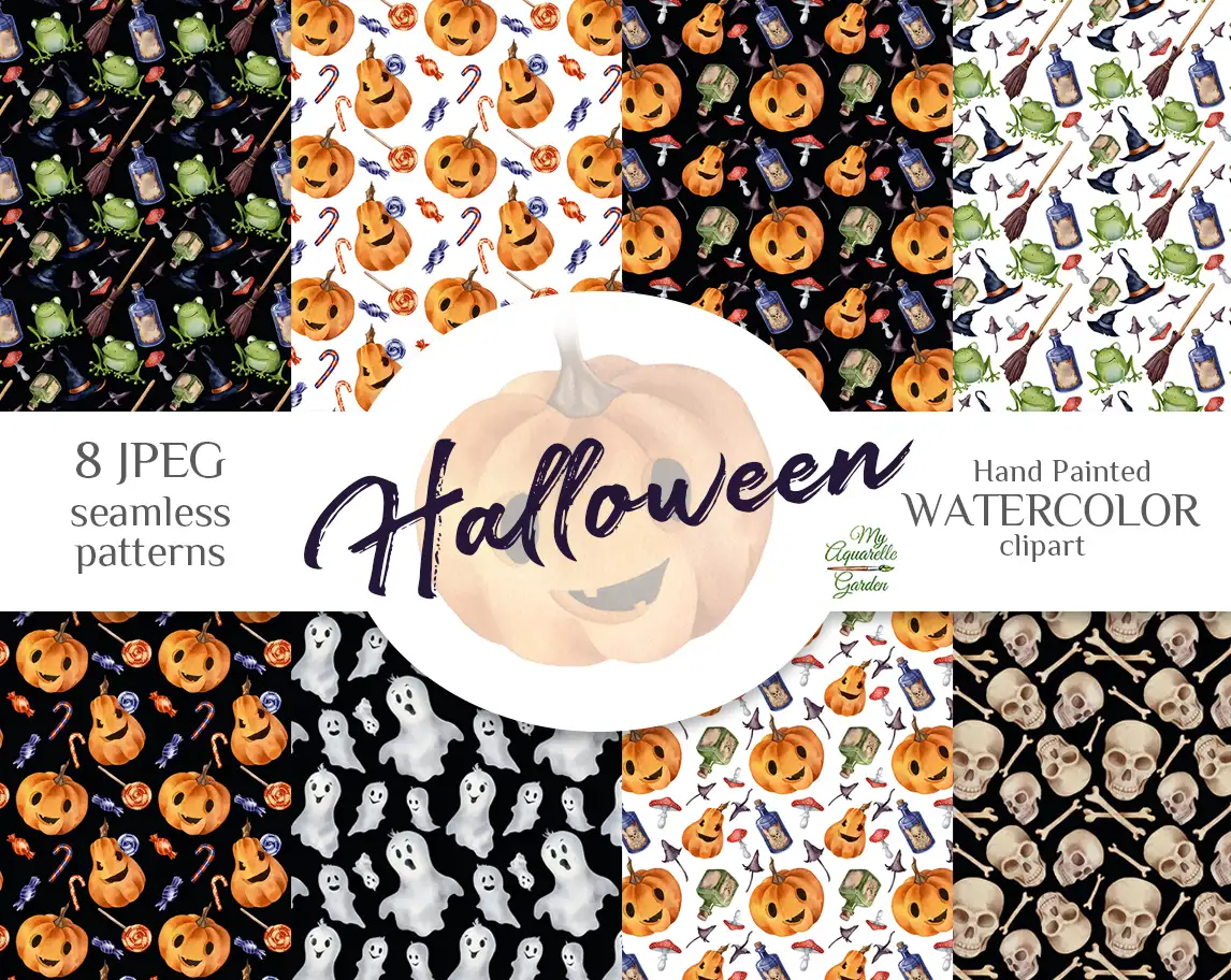 Halloween digital papers / seamless patterns. Watercolor hand-painted clip art by MyAquarelleGarden.