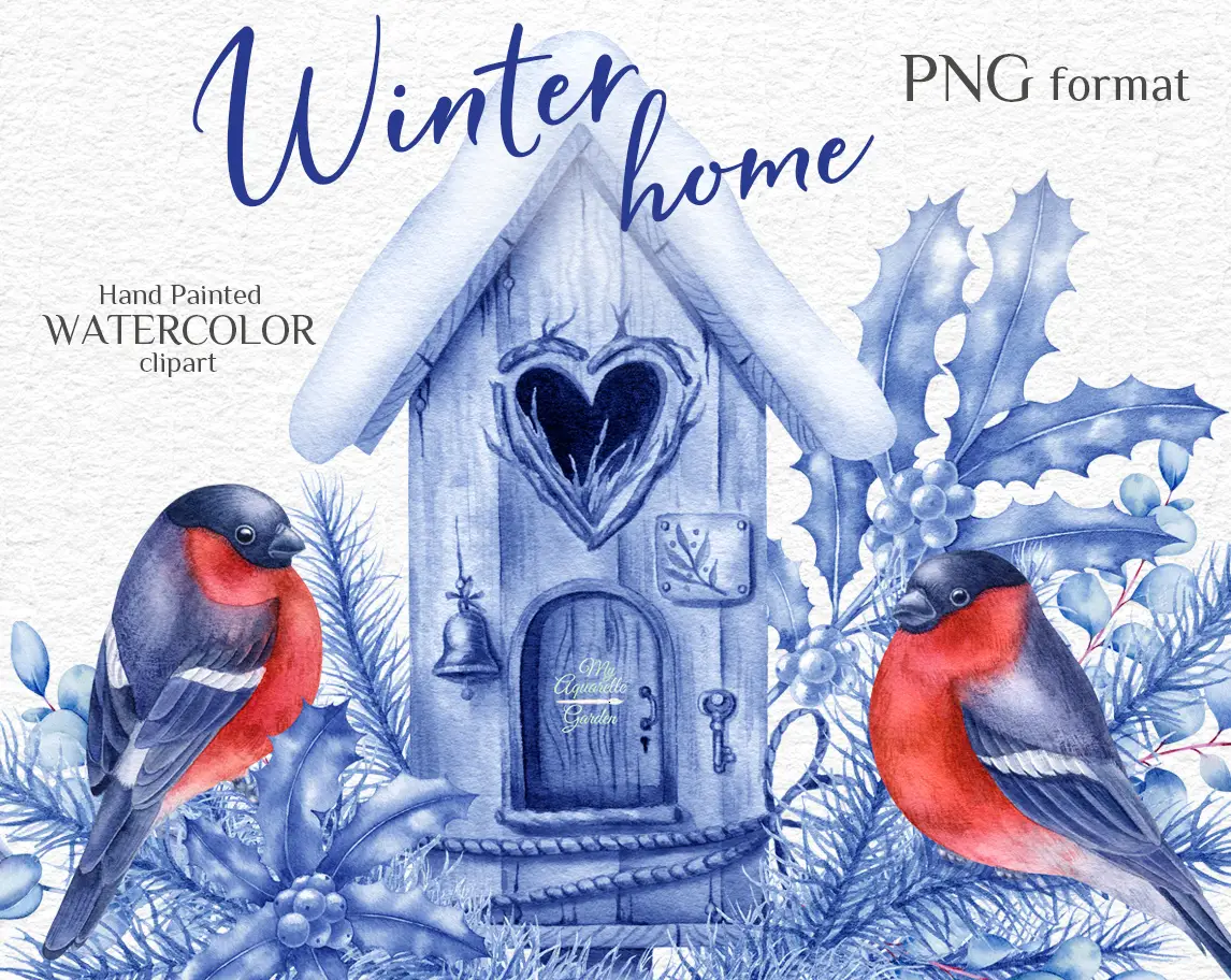  Winter birdhouses with bullfinches and silver wreaths. Christmas, Winter, New Year decoration. Watercolor hand-painted clipart by MyAquarelleGarden.com