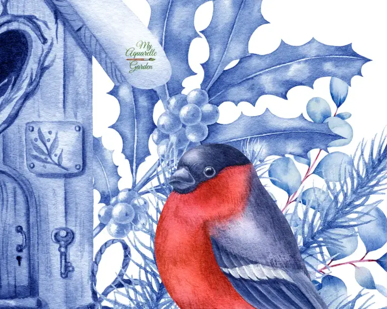 Winter birdhouses with bullfinches and silver wreaths. Christmas, Winter, New Year decoration. Watercolor hand-painted clipart.