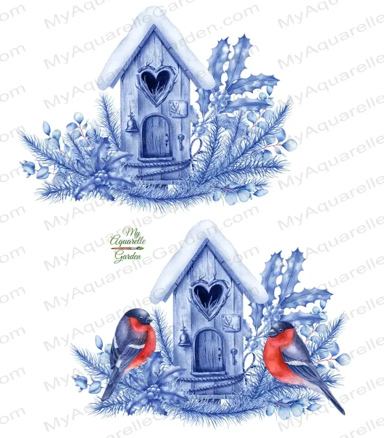 Winter birdhouses with bullfinches and silver wreaths. Christmas, Winter, New Year decoration. Watercolor hand-painted clipart.