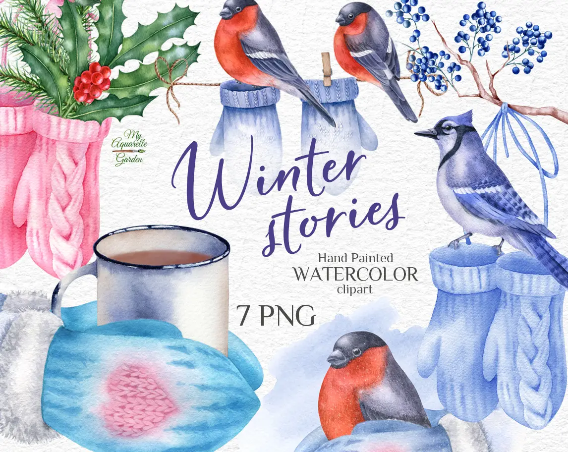 Winter story. Bullfinch, blue jay, knitted wool kids mittens, fir twigs, iron mug with hot cocoa. Christmas, Winter, New Year decoration. Watercolor hand-painted clipart by MyAquarelleGarden.com