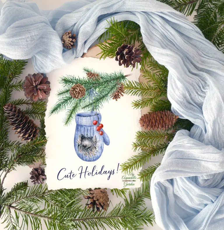 A cute sleeping hedgehog in a knitted wool mitten. Spruce twig with cones. Christmas, Winter, New Year decoration. Watercolor hand-painted clipart.